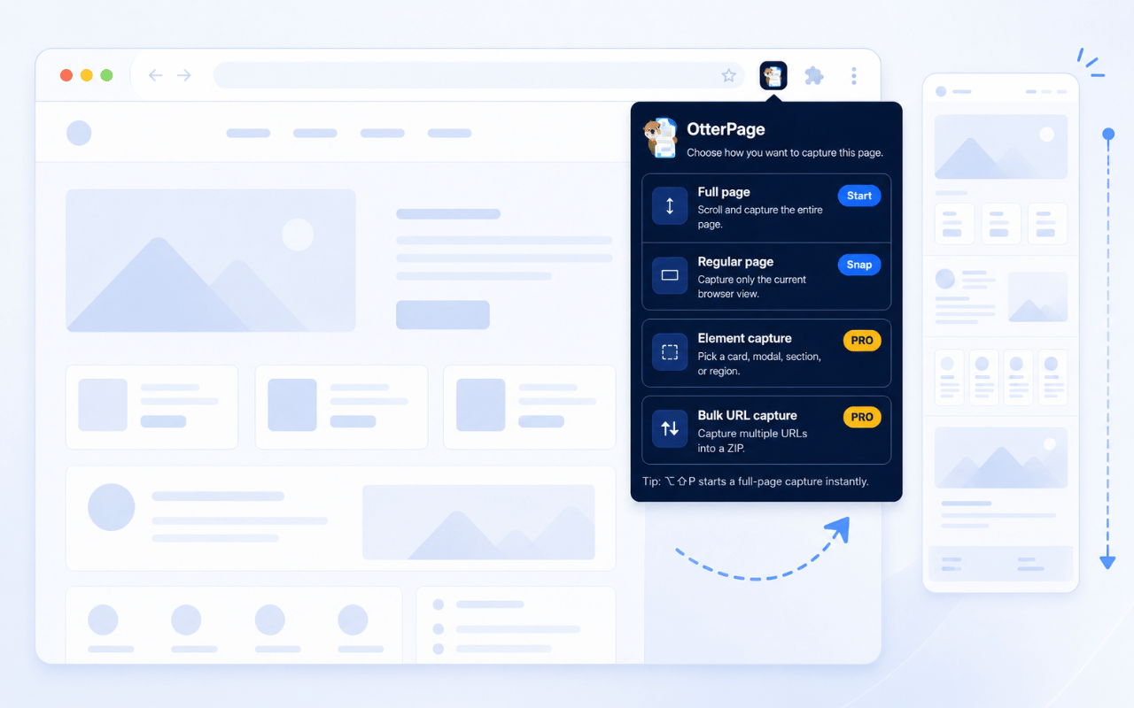 OtterPage toolbar menu with full page, regular page, element capture, and bulk URL capture options