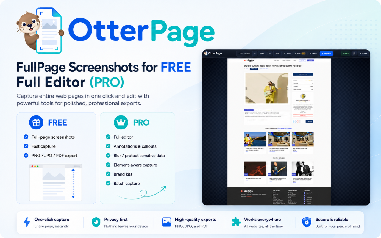 OtterPage product screenshot showing full-page capture and Pro workflows