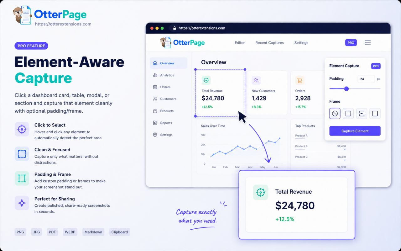 OtterPage element-aware capture selecting a dashboard card