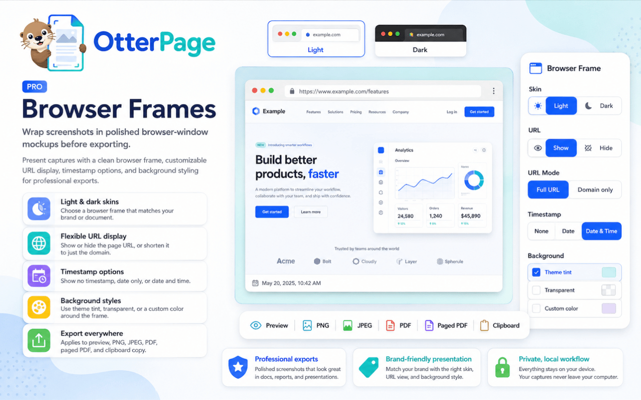 OtterPage browser frame controls with light and dark skins, URL display, timestamps, and export options