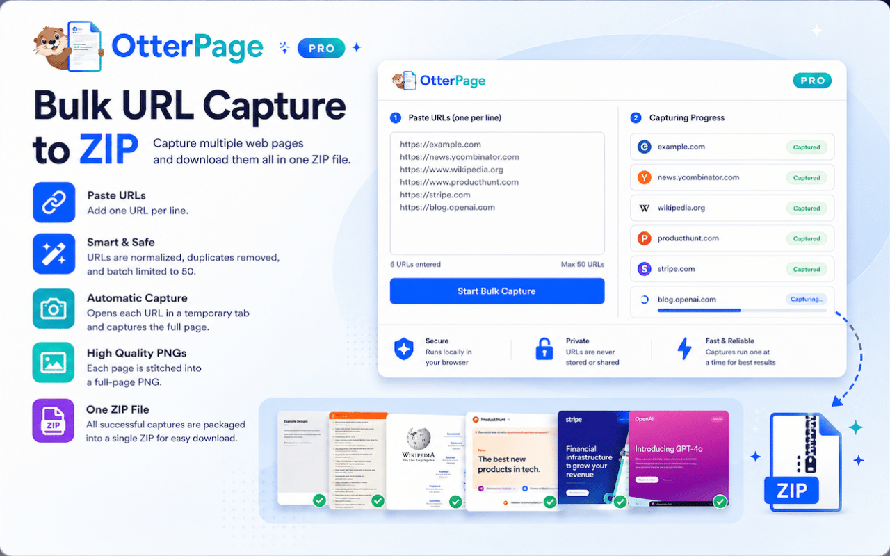 OtterPage bulk URL capture screen with URL list, capture progress, and ZIP output