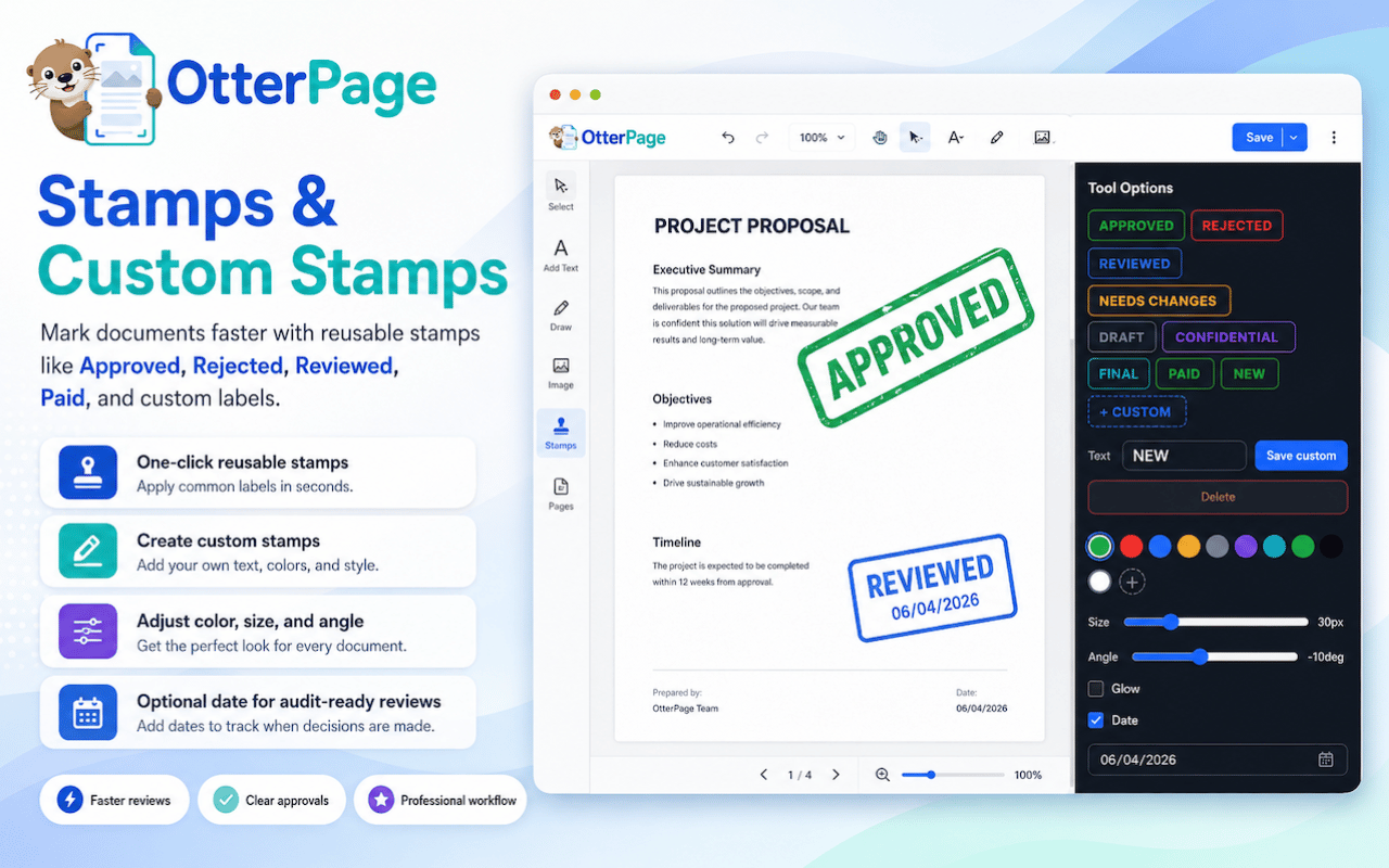 OtterPage editor showing reusable approved and reviewed stamps with custom stamp options