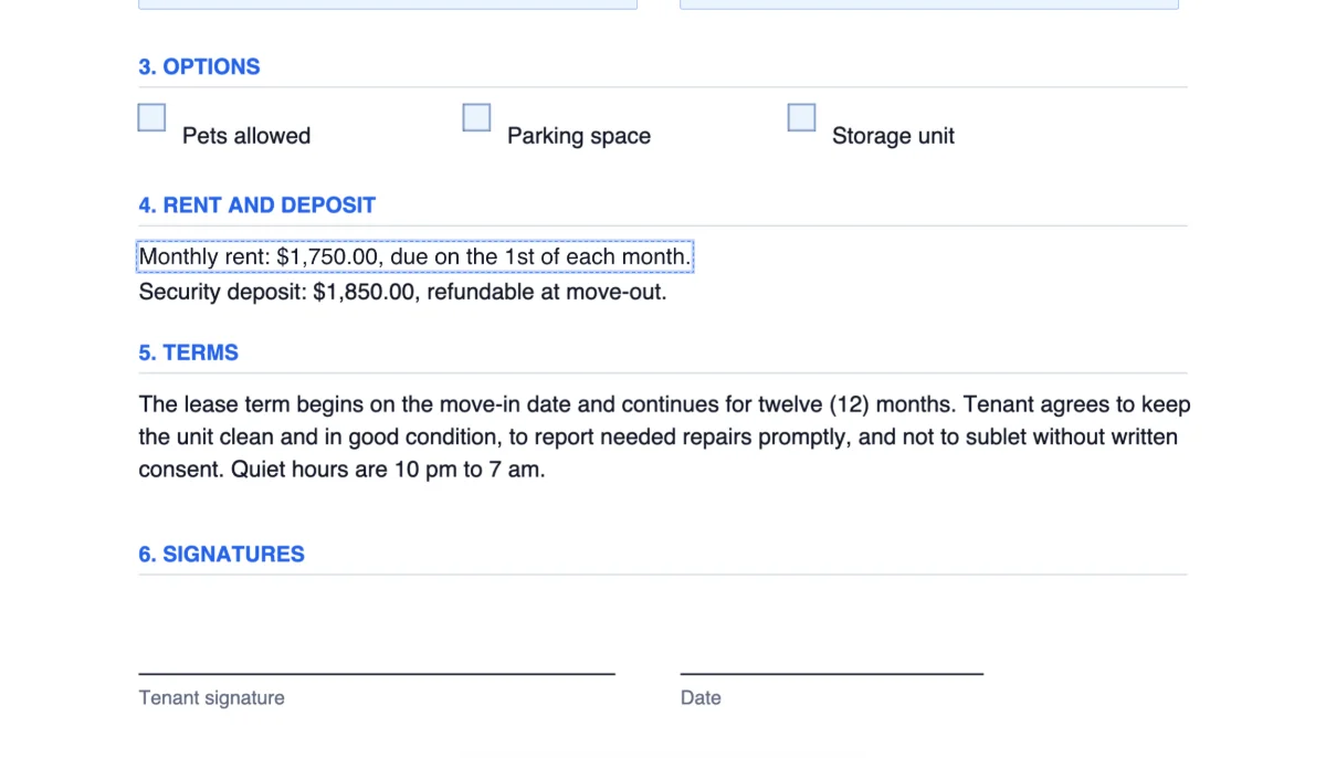 A line in a PDF being edited: the monthly rent changed from $1,850.00 to $1,750.00
