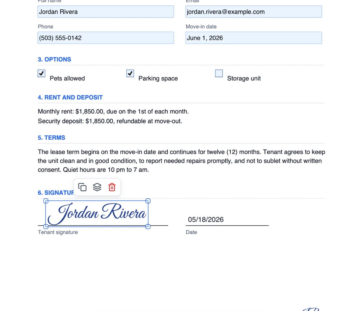 A lease agreement with the tenant's name, email, phone and move-in date filled in, two options checked and a signature on the line