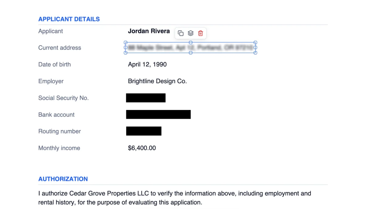 A rental application with the Social Security number, bank account and routing number covered by black boxes and the address blurred