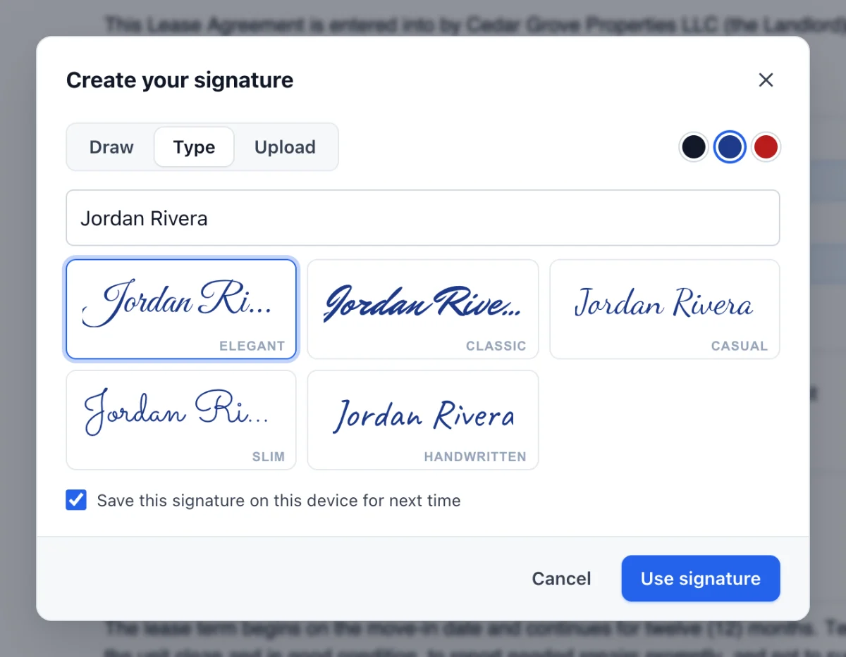 The Create your signature dialog showing the name Jordan Rivera in five handwriting styles